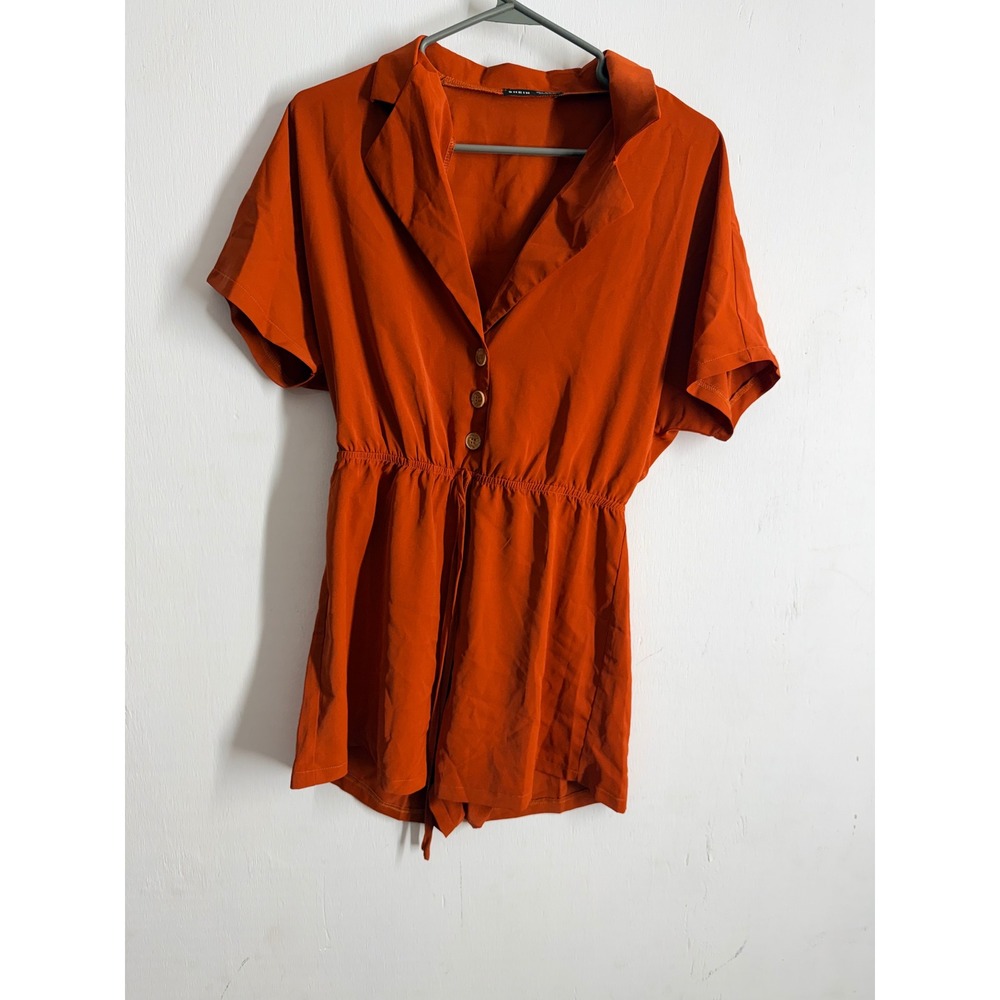 Shein Burnt Orange Short Sleeve Button Front Romper Small Elastic Waist Casual